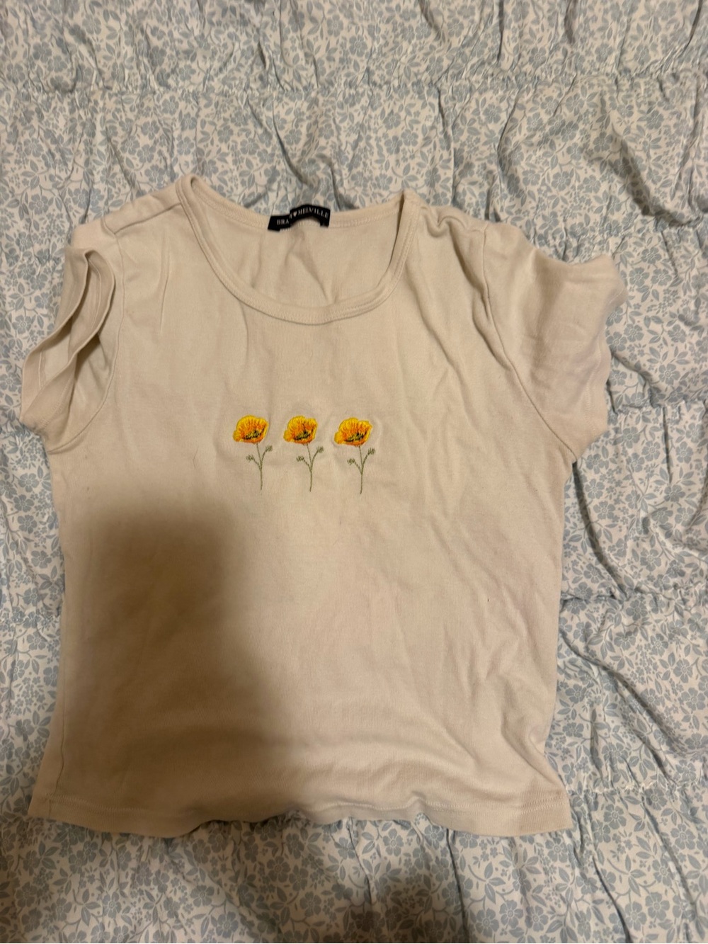 Brandy Melville Cream Tee with Yellow Embroidered Flowers